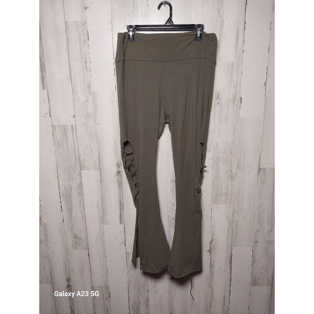 Earthbound Trading Co Women's Green Flare Lace Up Leg Pants Stretch Boho Large